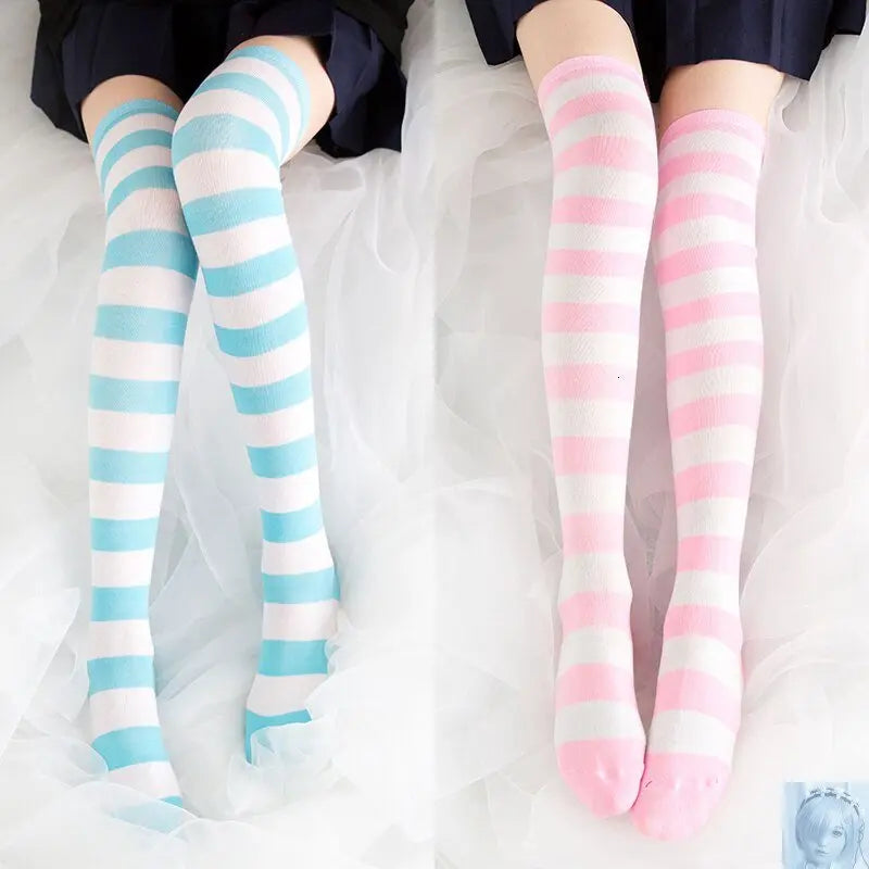 Kawaii Long Stripe High Over Knee Pink or Blue Cotton Stockings lovedollsenpai