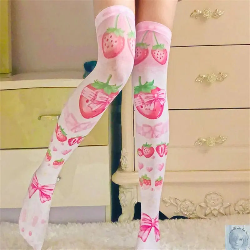 Sexy Thigh High Pink Strawberry Stockings lovedollsenpai