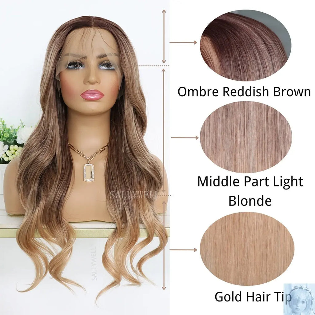Wavy Gradient Brown 13x4 Lace Front Synthetic Wig with Dark Roots lovedollsenpai