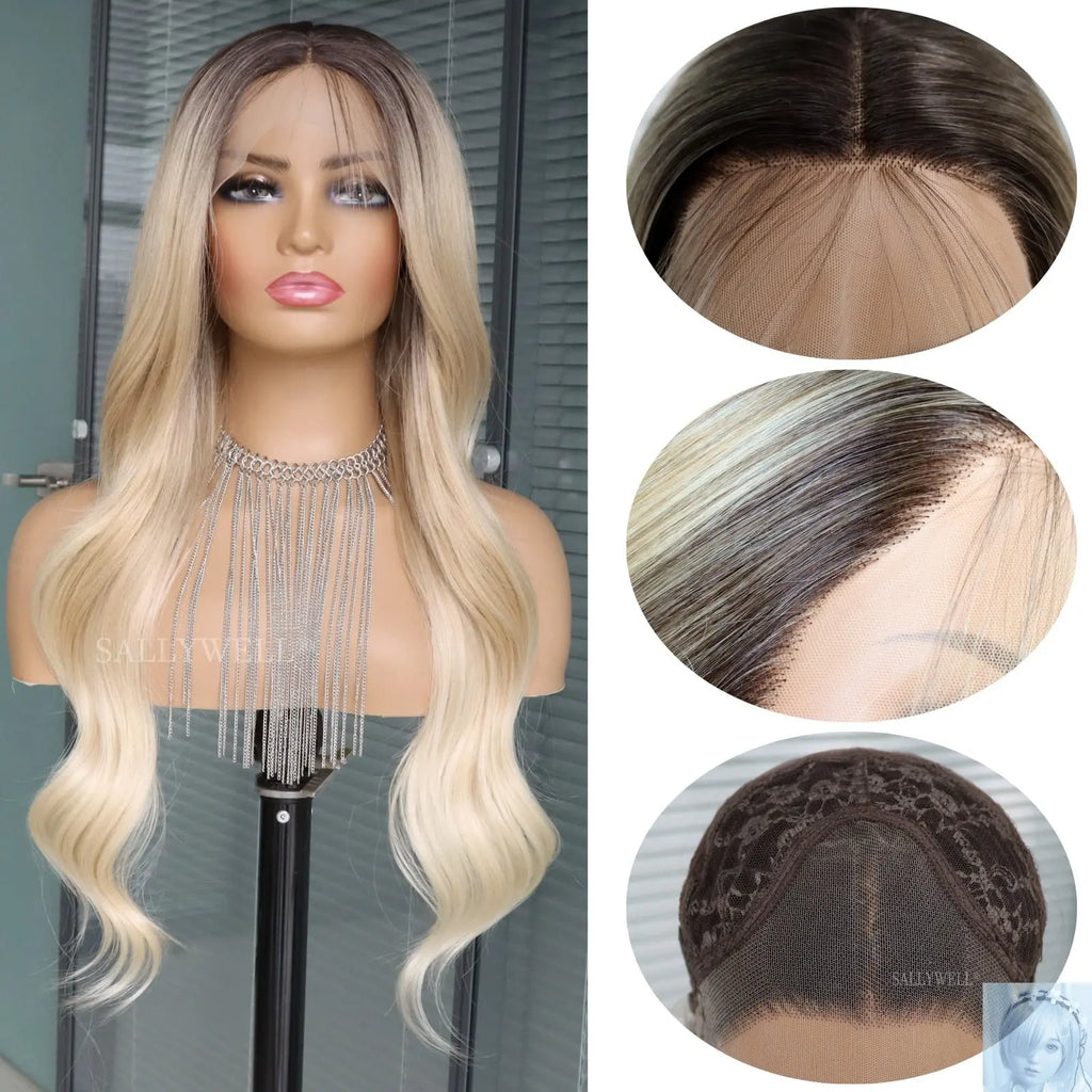 Wavy Ombre Blonde 13x4 Lace Front Synthetic Wig with Dark Roots lovedollsenpai
