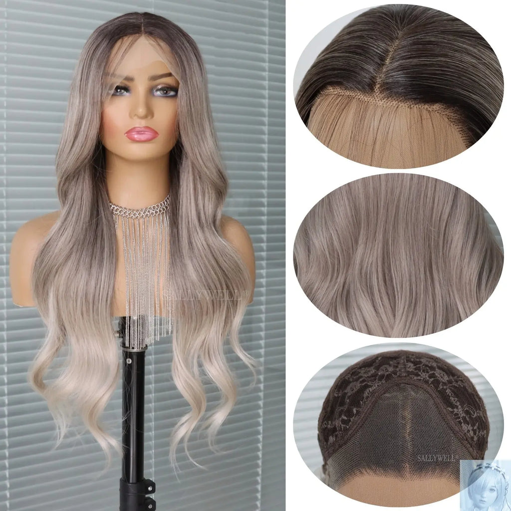 Wavy Ombre Silver Gray 13x4 Lace Front Synthetic Wig lovedollsenpai
