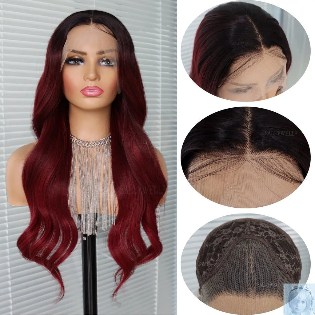 Wavy Ombre Wine Red 13x4 Lace Front Synthetic Wig lovedollsenpai